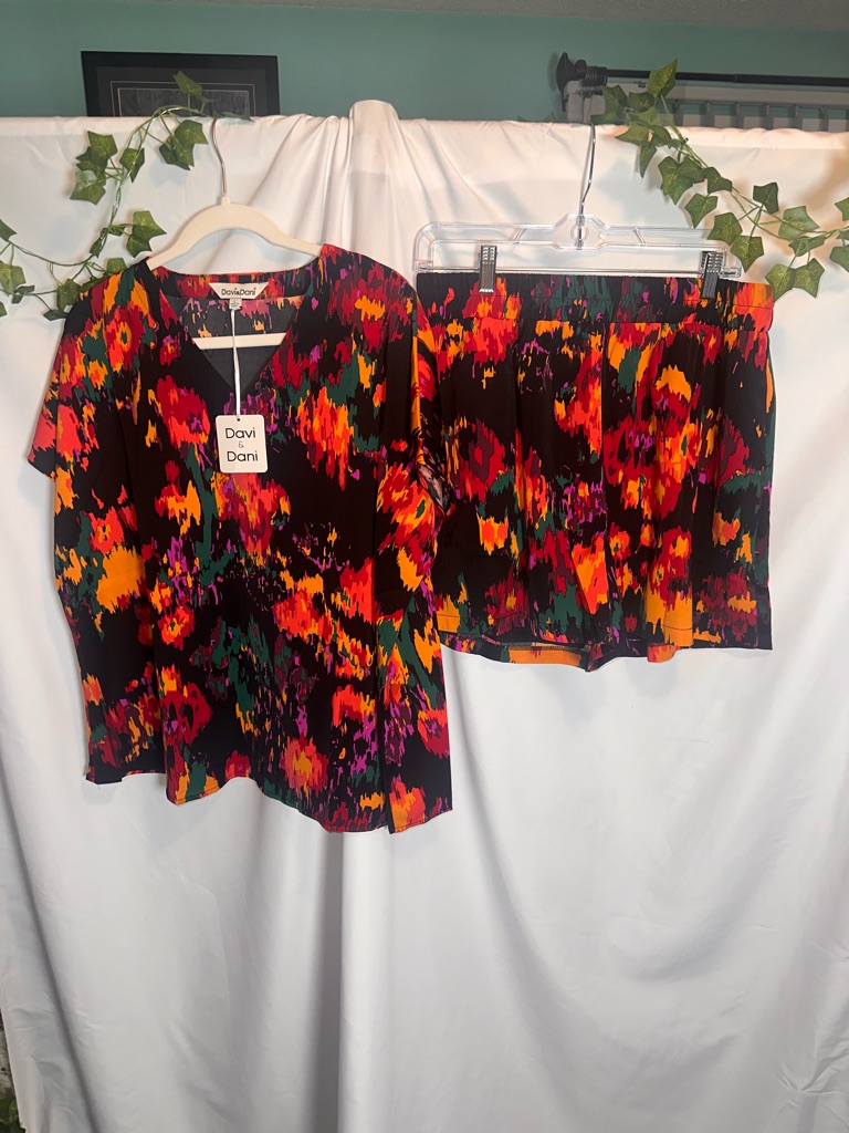 Davi & Dani Black Top And Short Set With Red, Orange, Pink & Green Abstract